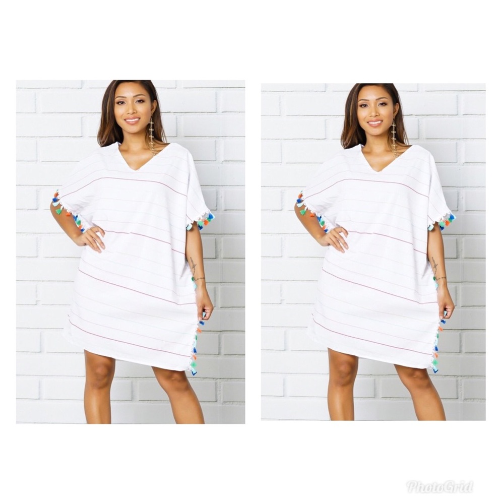 White Striped V-neck Dress With Tassels